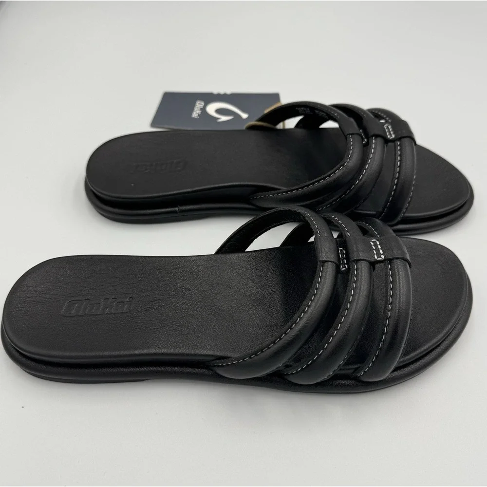 Olukai Women's Tiare Slide,Sandal Slipper Black Leather , Size 8 - Picture 4 of 6